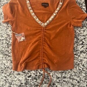Shyanne Rust Boho Western Ruched Crop Top Beaded V-Neck Size M cowgirl country